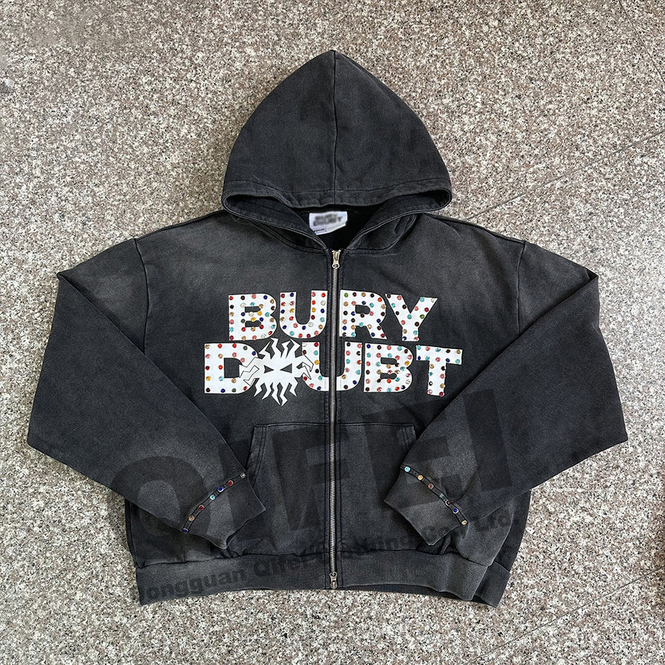 Embroidery Patch Men Acid Wash Zip up Hoodie - Image 3