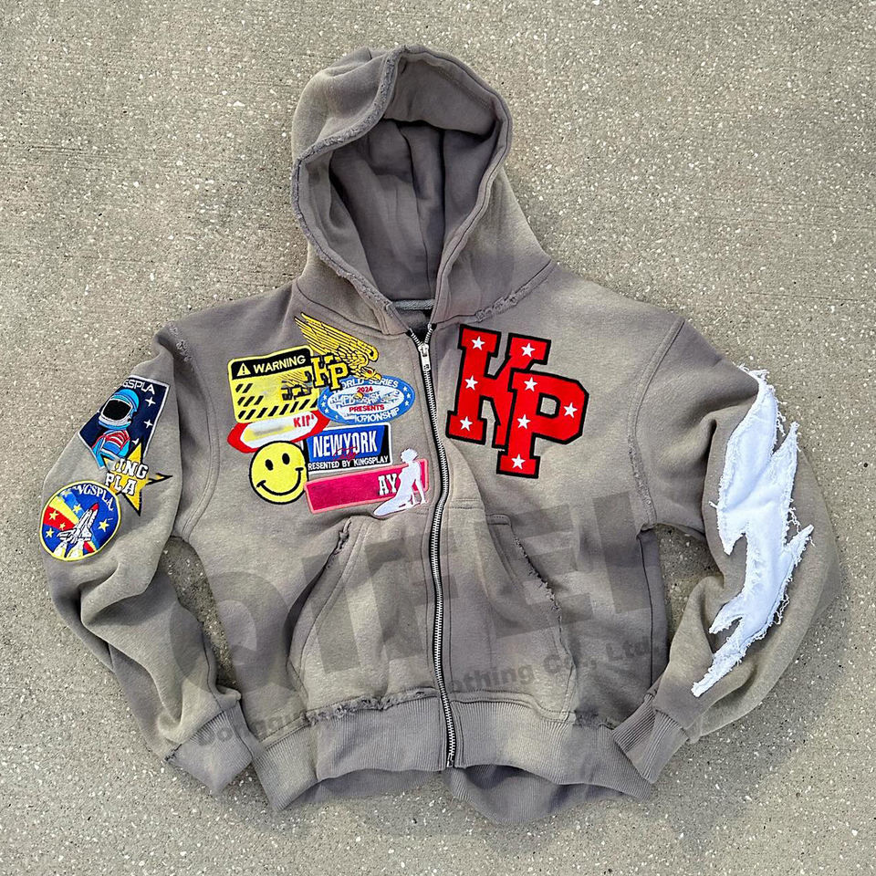 Embroidery Patch Men Acid Wash Zip up Hoodie - Image 2